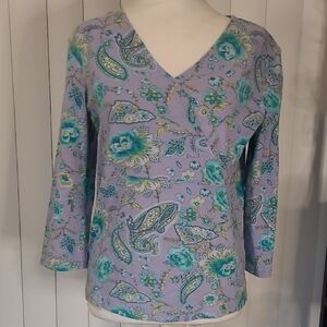 J Jill 3/4 Floral V-Neck Women's Top - Purple and Green